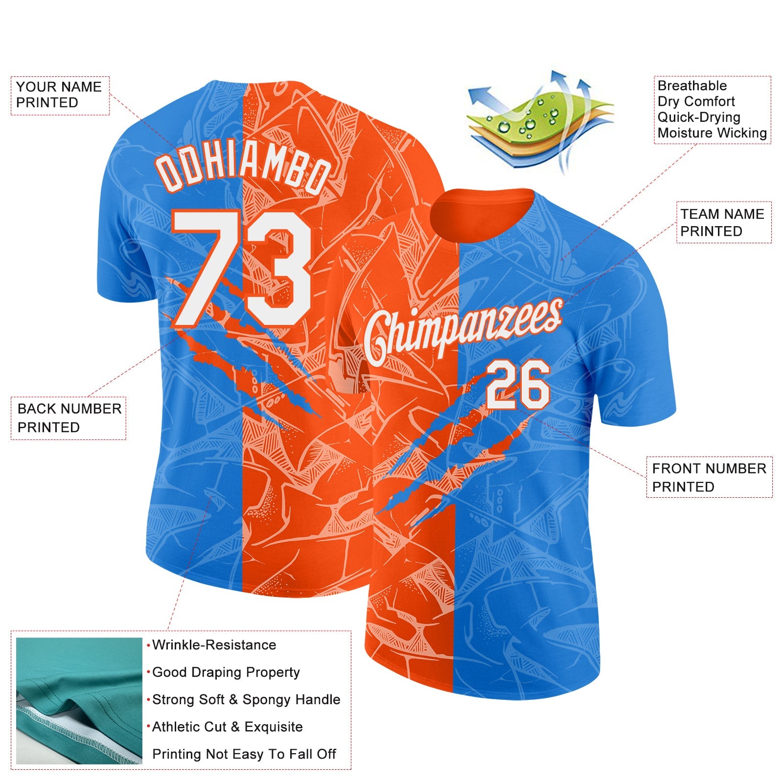 Custom Graffiti Pattern White Powder Blue-Orange Scratch 3D Performance T-Shirt view 2