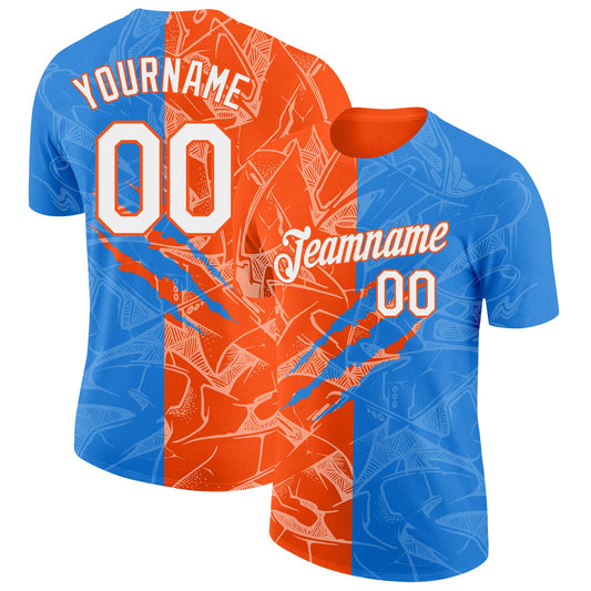 Custom Graffiti Pattern White Powder Blue-Orange Scratch 3D Performance T-Shirt - Main View