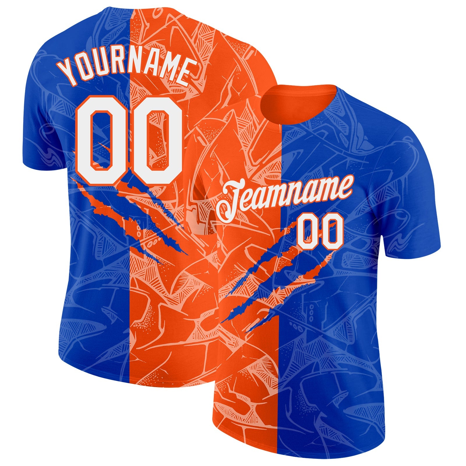 Custom Graffiti Pattern White Thunder Blue-Orange Scratch 3D Performance T-Shirt - Main View