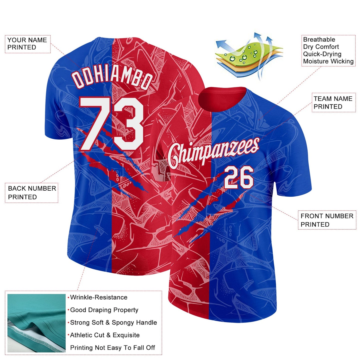Custom Graffiti Pattern White Thunder Blue-Red Scratch 3D Performance T-Shirt view 2