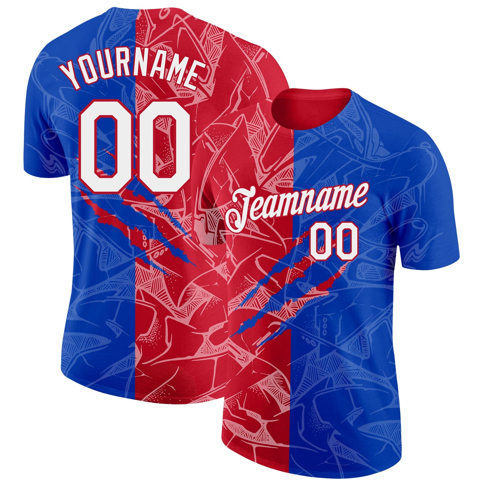 Custom Graffiti Pattern White Thunder Blue-Red Scratch 3D Performance T-Shirt - Main View
