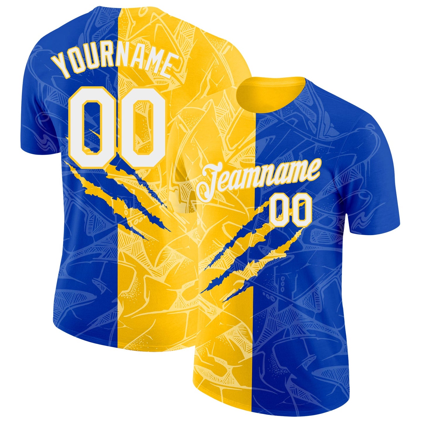 Custom Graffiti Pattern White Thunder Blue-Yellow Scratch 3D Performance T-Shirt - Main View
