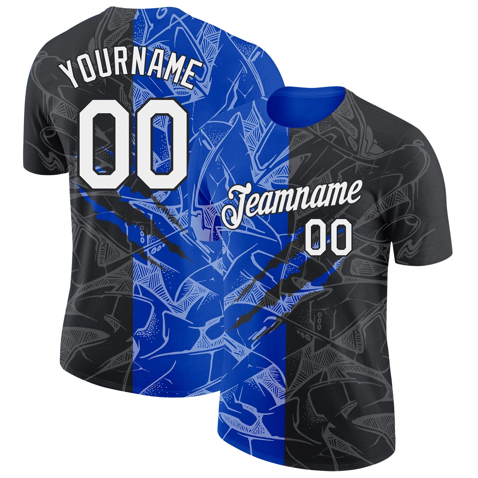 Custom Graffiti Pattern White Black-Thunder Blue Scratch 3D Performance T-Shirt - Main View