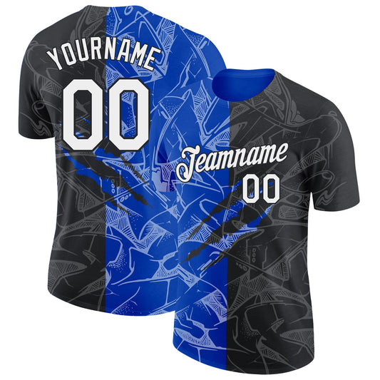 Custom Graffiti Pattern White Black-Thunder Blue Scratch 3D Performance T-Shirt - Main View