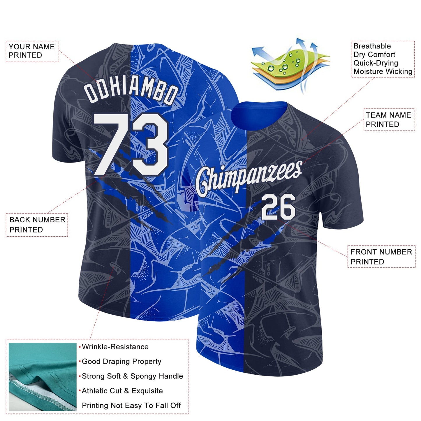 Custom Graffiti Pattern White Navy-Thunder Blue Scratch 3D Performance T-Shirt view 2