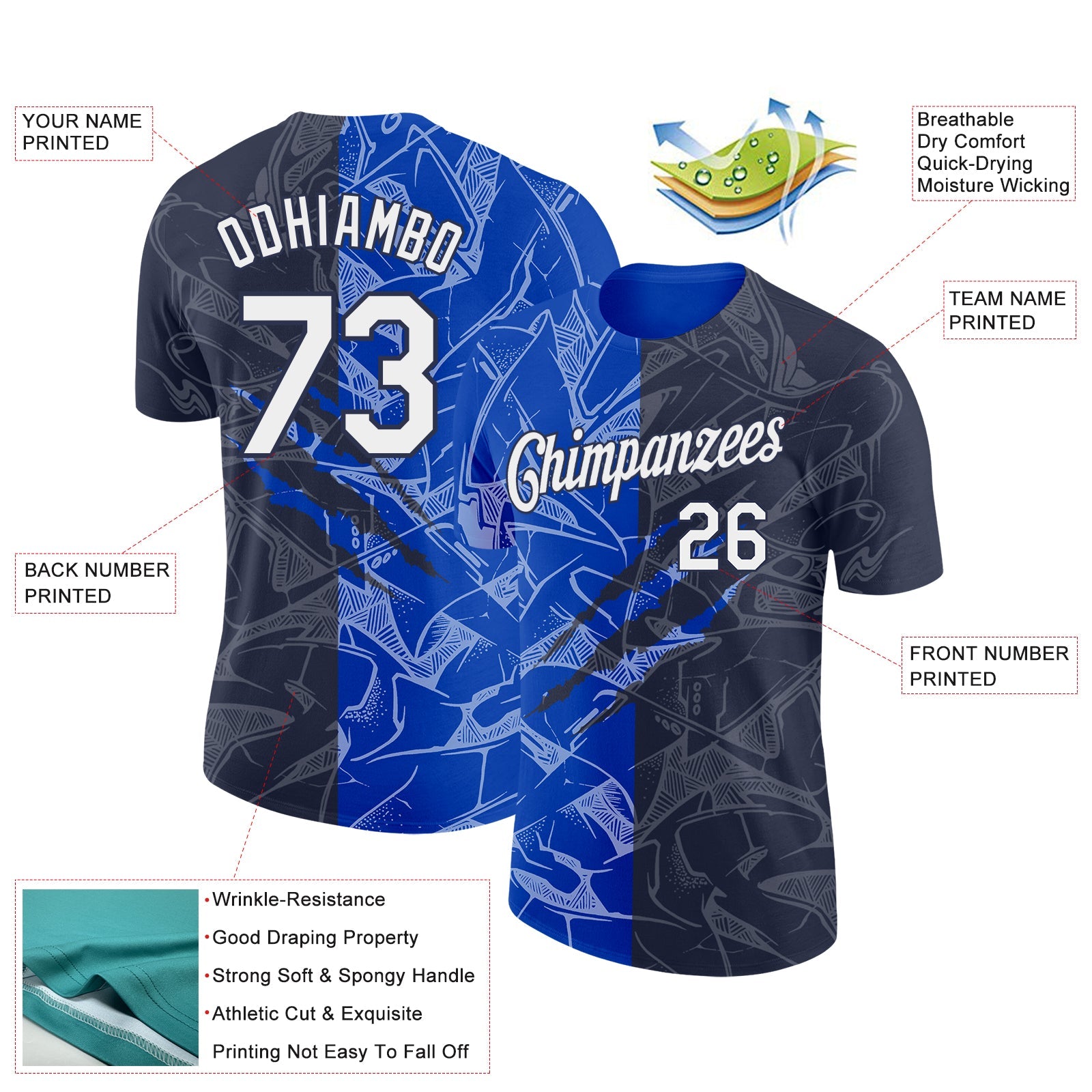 Custom Graffiti Pattern White Navy-Thunder Blue Scratch 3D Performance T-Shirt view 2