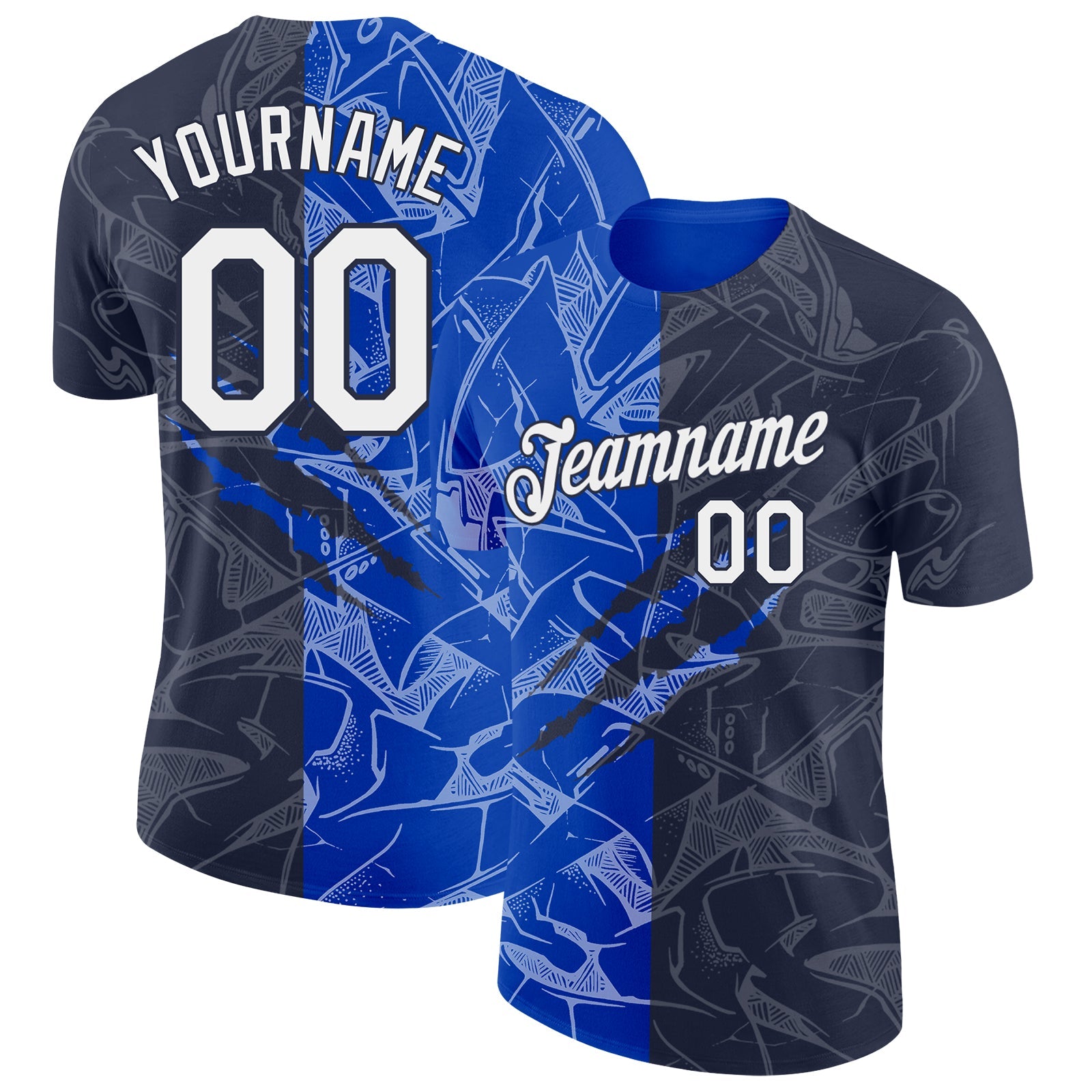Custom Graffiti Pattern White Navy-Thunder Blue Scratch 3D Performance T-Shirt - Main View