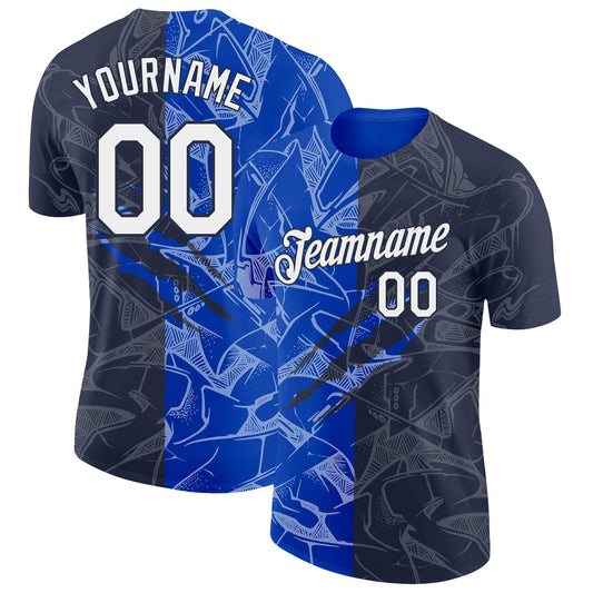 Custom Graffiti Pattern White Navy-Thunder Blue Scratch 3D Performance T-Shirt - Main View
