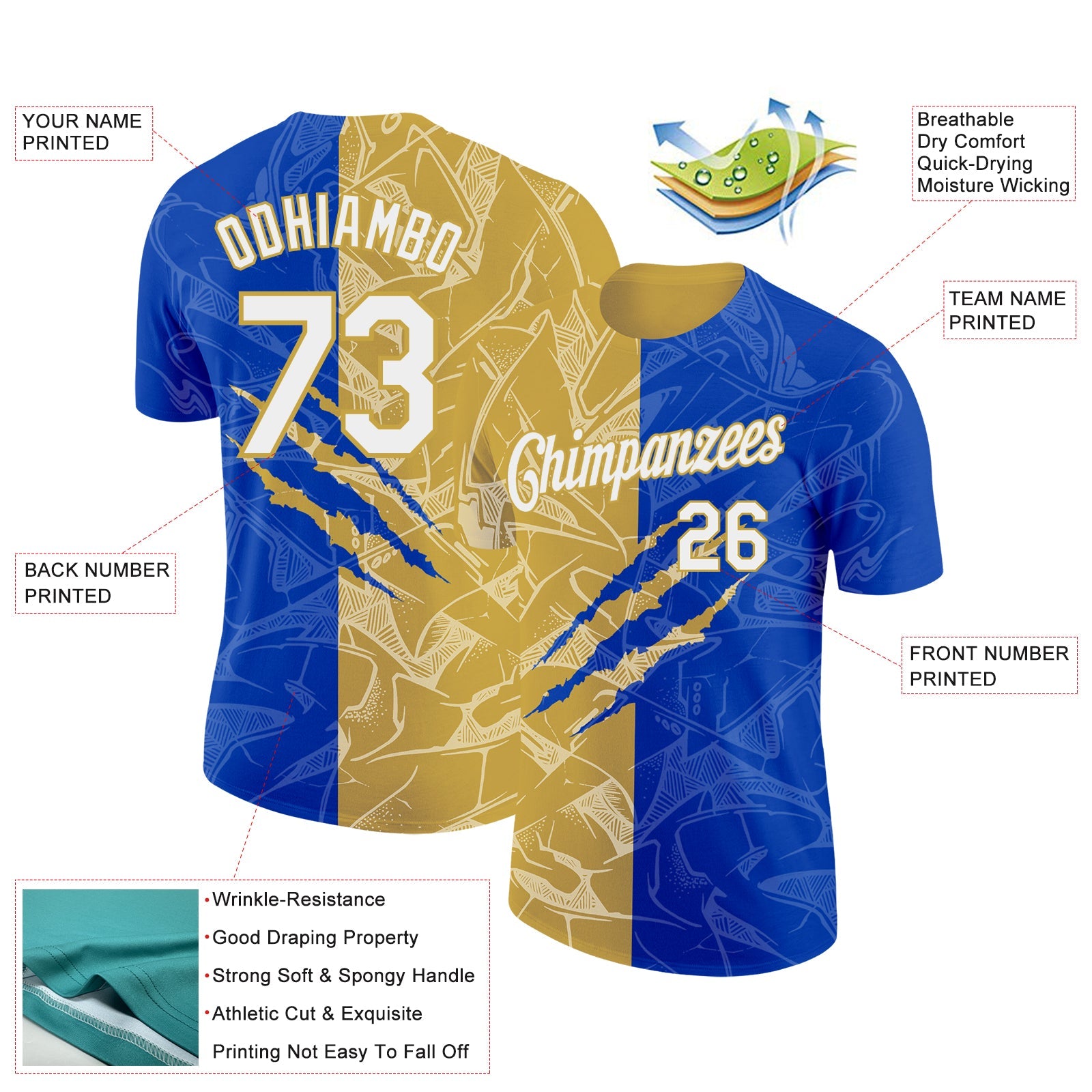 Custom Graffiti Pattern White Thunder Blue-Old Gold Scratch 3D Performance T-Shirt view 2