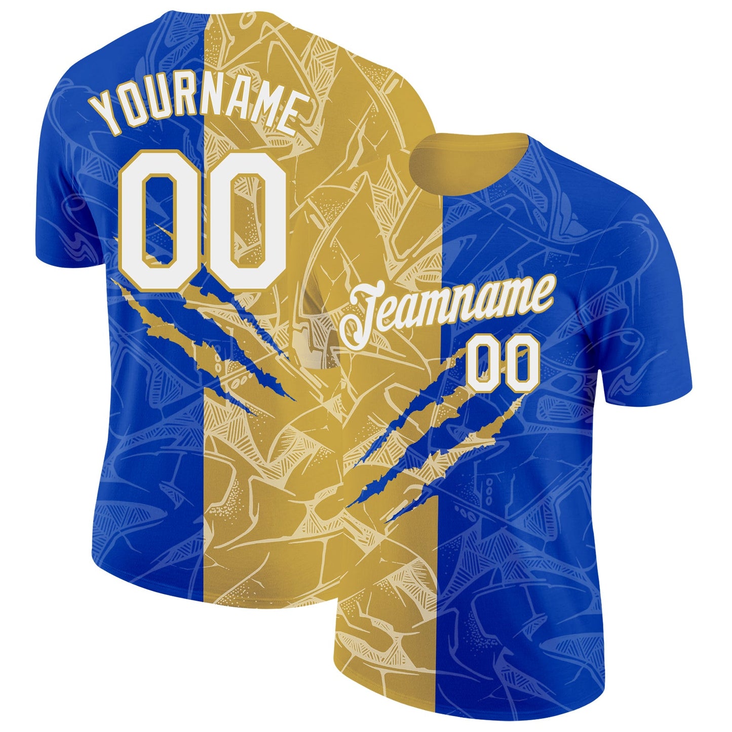 Custom Graffiti Pattern White Thunder Blue-Old Gold Scratch 3D Performance T-Shirt - Main View