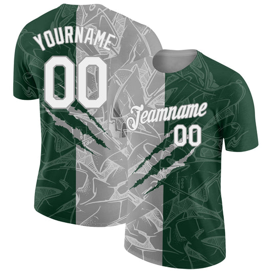 Custom Graffiti Pattern White Green-Gray Scratch 3D Performance T-Shirt - Main View