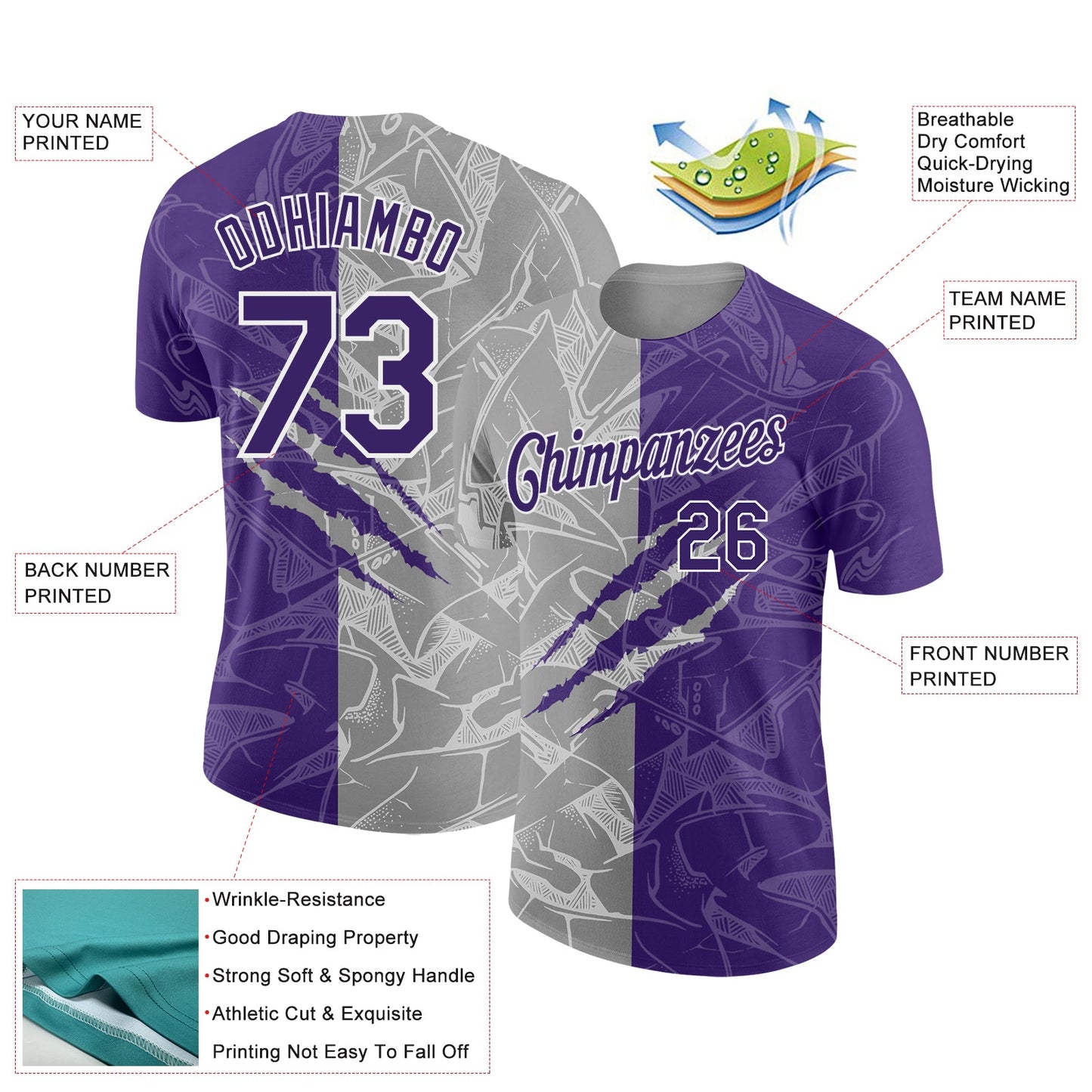 Custom Graffiti Pattern Purple Gray-White Scratch 3D Performance T-Shirt view 2