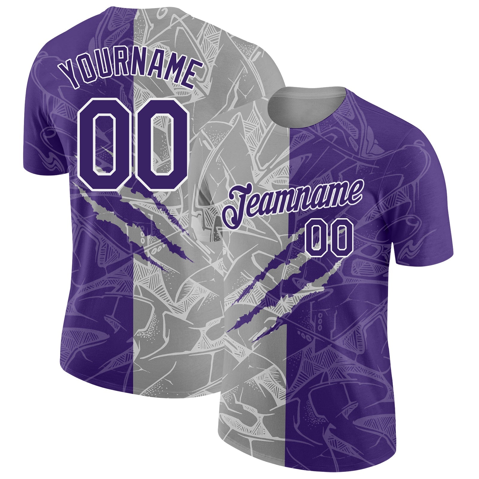Custom Graffiti Pattern Purple Gray-White Scratch 3D Performance T-Shirt - Main View