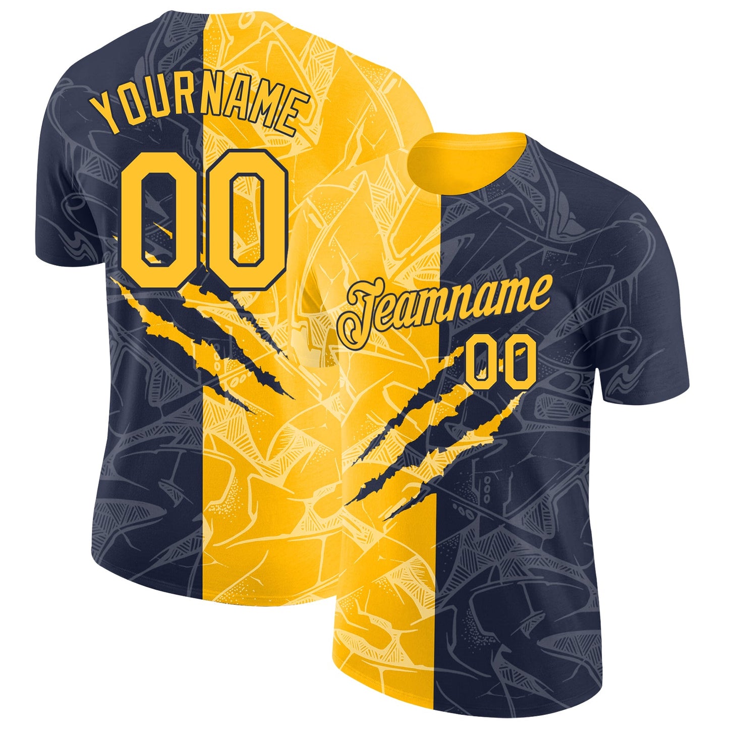 Custom Graffiti Pattern Gold-Navy Scratch 3D Performance T-Shirt - Main View
