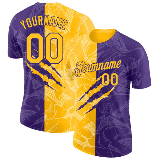Custom Graffiti Pattern Gold-Purple Scratch 3D Performance T-Shirt - Main View