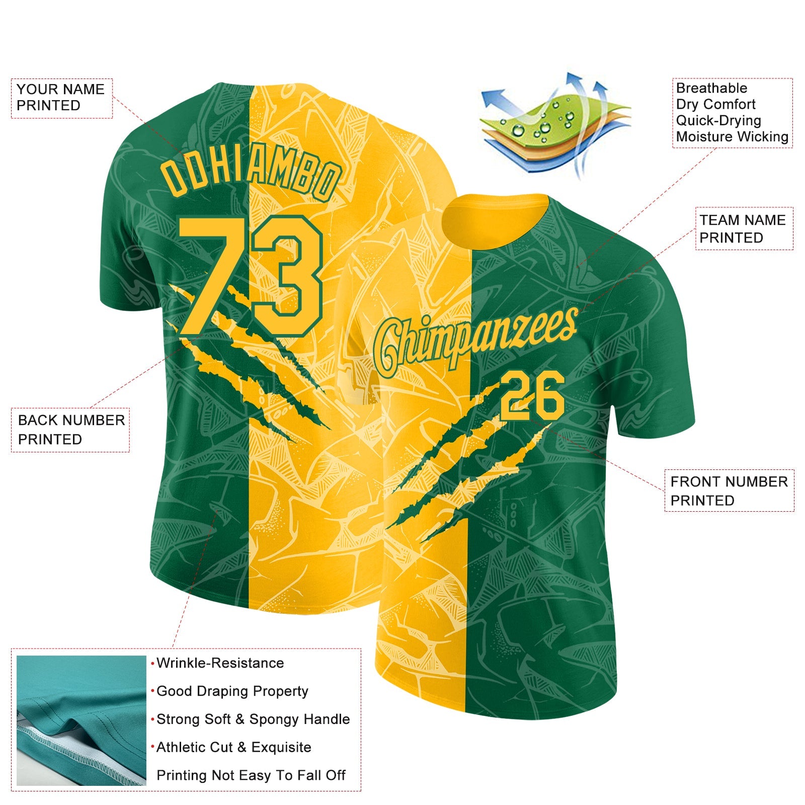 Custom Graffiti Pattern Gold-Kelly Green Scratch 3D Performance T-Shirt view 2