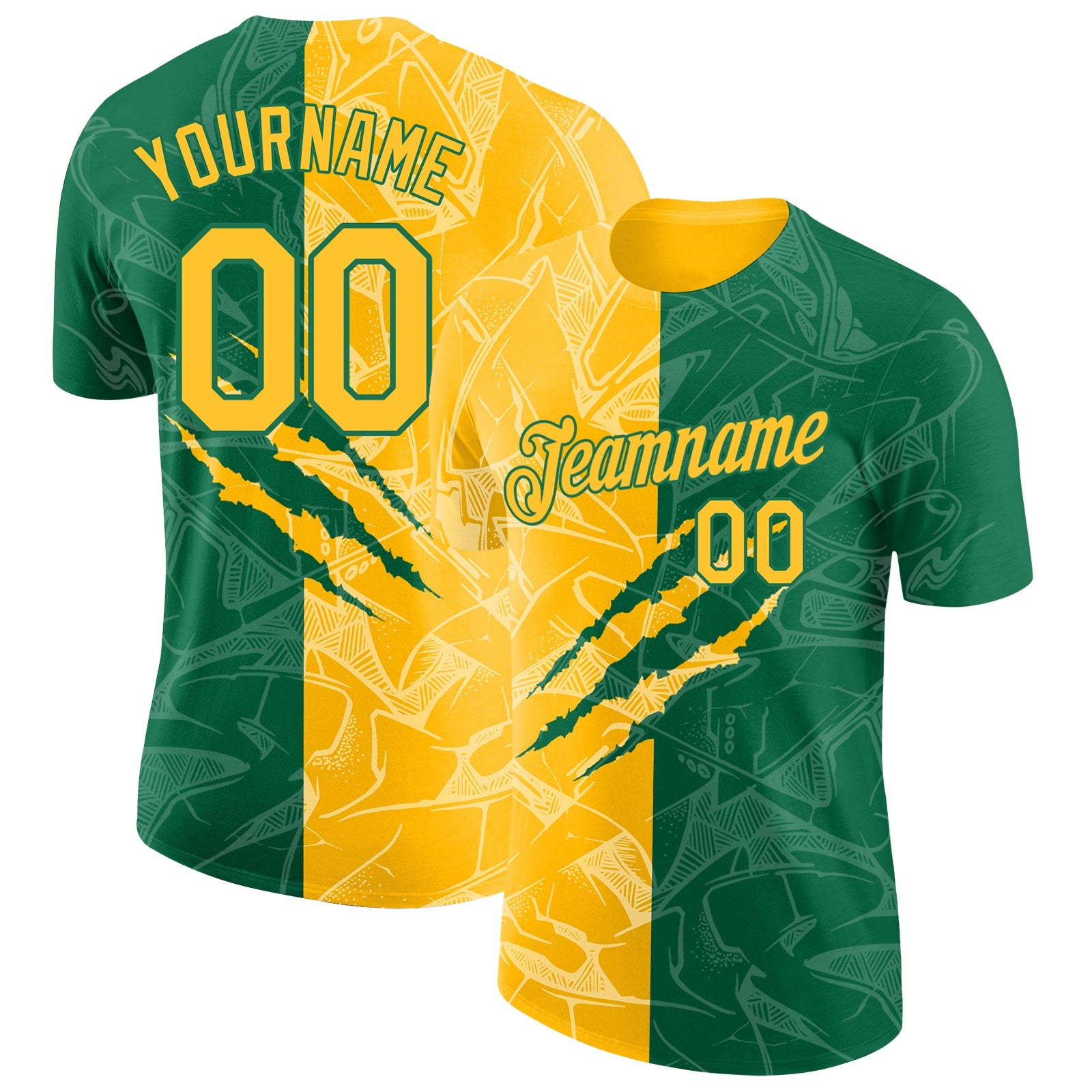 Custom Graffiti Pattern Gold-Kelly Green Scratch 3D Performance T-Shirt - Main View