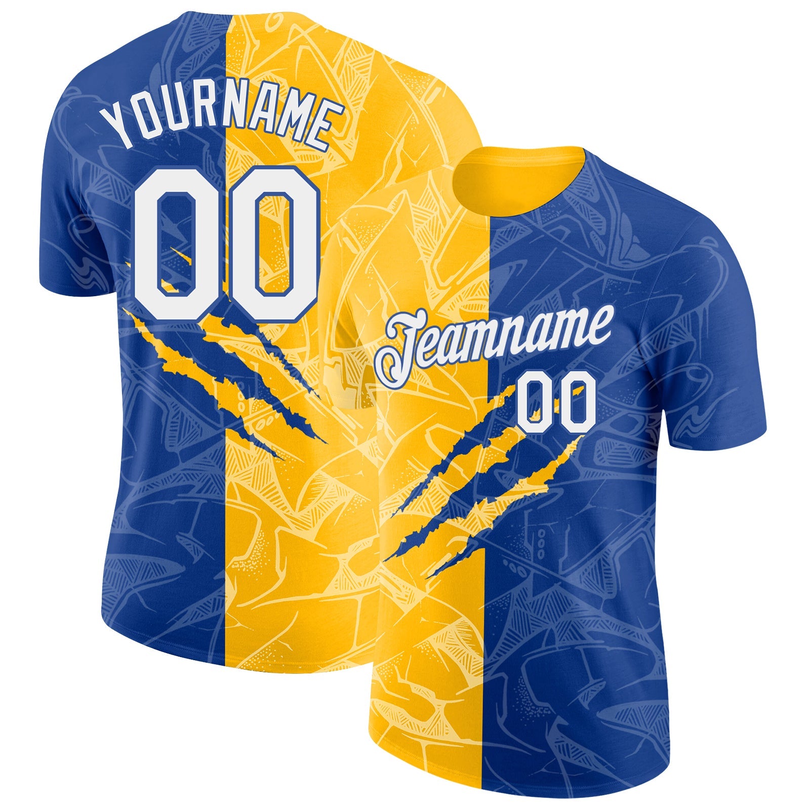 Custom Graffiti Pattern White Royal-Gold Scratch 3D Performance T-Shirt - Main View
