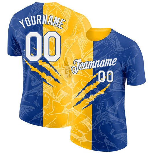 Custom Graffiti Pattern White Royal-Gold Scratch 3D Performance T-Shirt - Main View