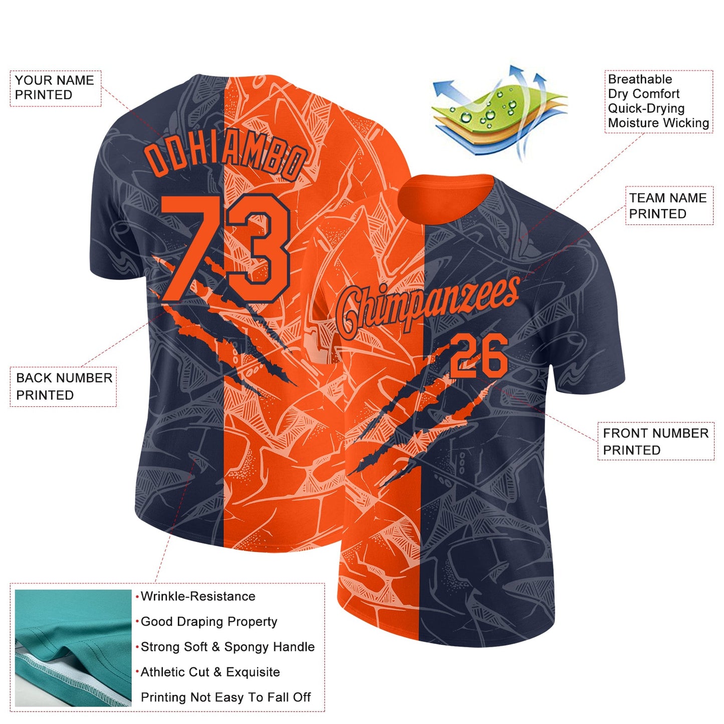 Custom Graffiti Pattern Orange-Navy Scratch 3D Performance T-Shirt view 2