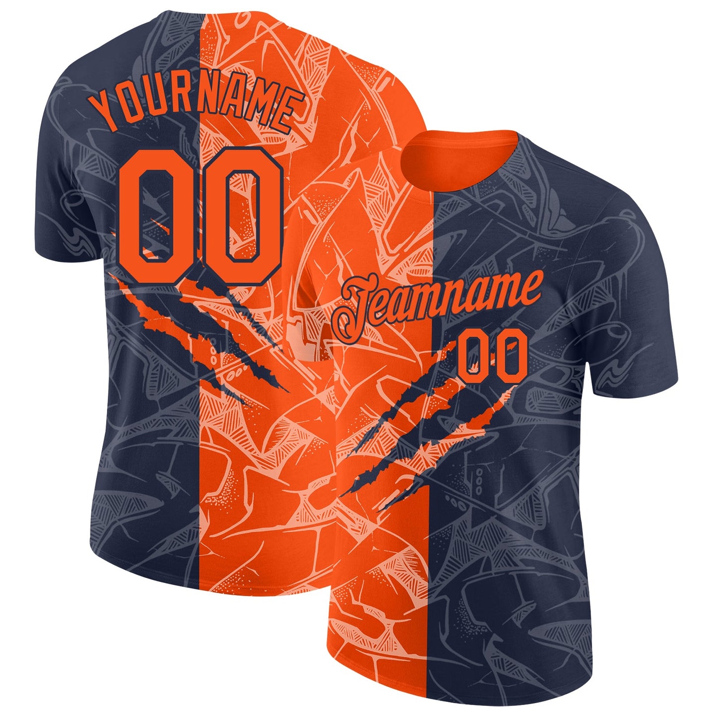 Custom Graffiti Pattern Orange-Navy Scratch 3D Performance T-Shirt - Main View