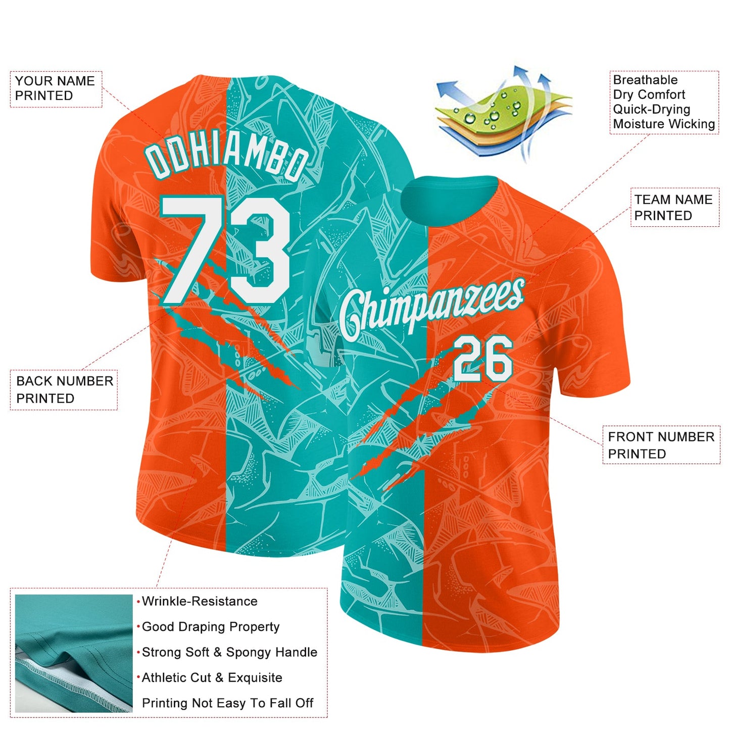 Custom Graffiti Pattern White Orange-Aqua Scratch 3D Performance T-Shirt view 2
