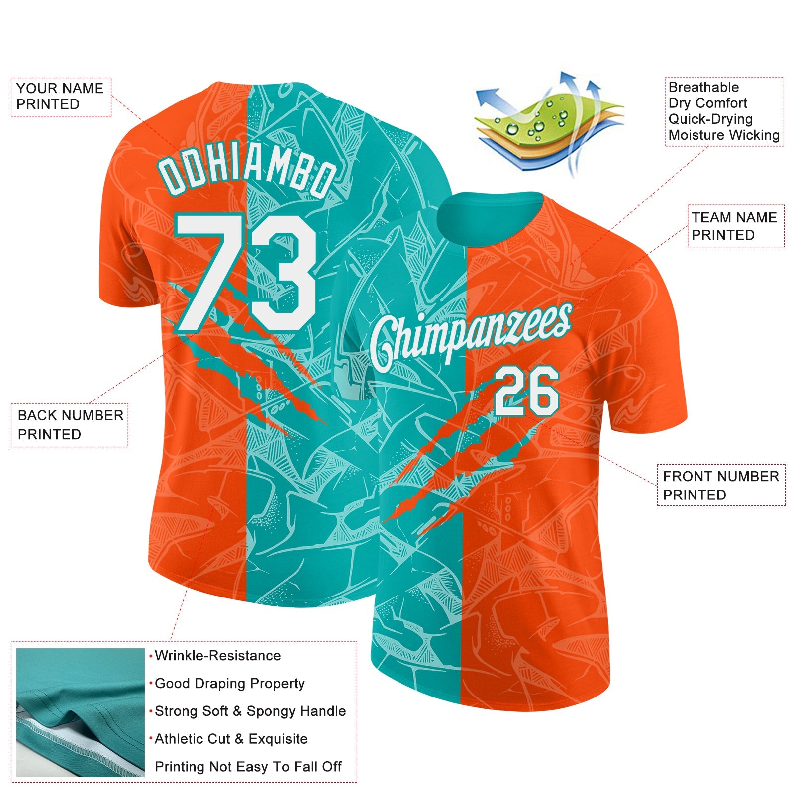 Custom Graffiti Pattern White Orange-Aqua Scratch 3D Performance T-Shirt view 2