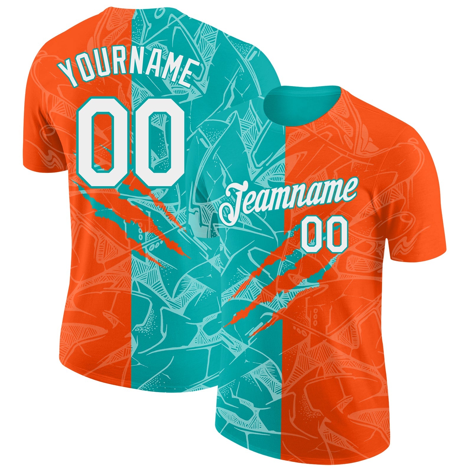 Custom Graffiti Pattern White Orange-Aqua Scratch 3D Performance T-Shirt - Main View
