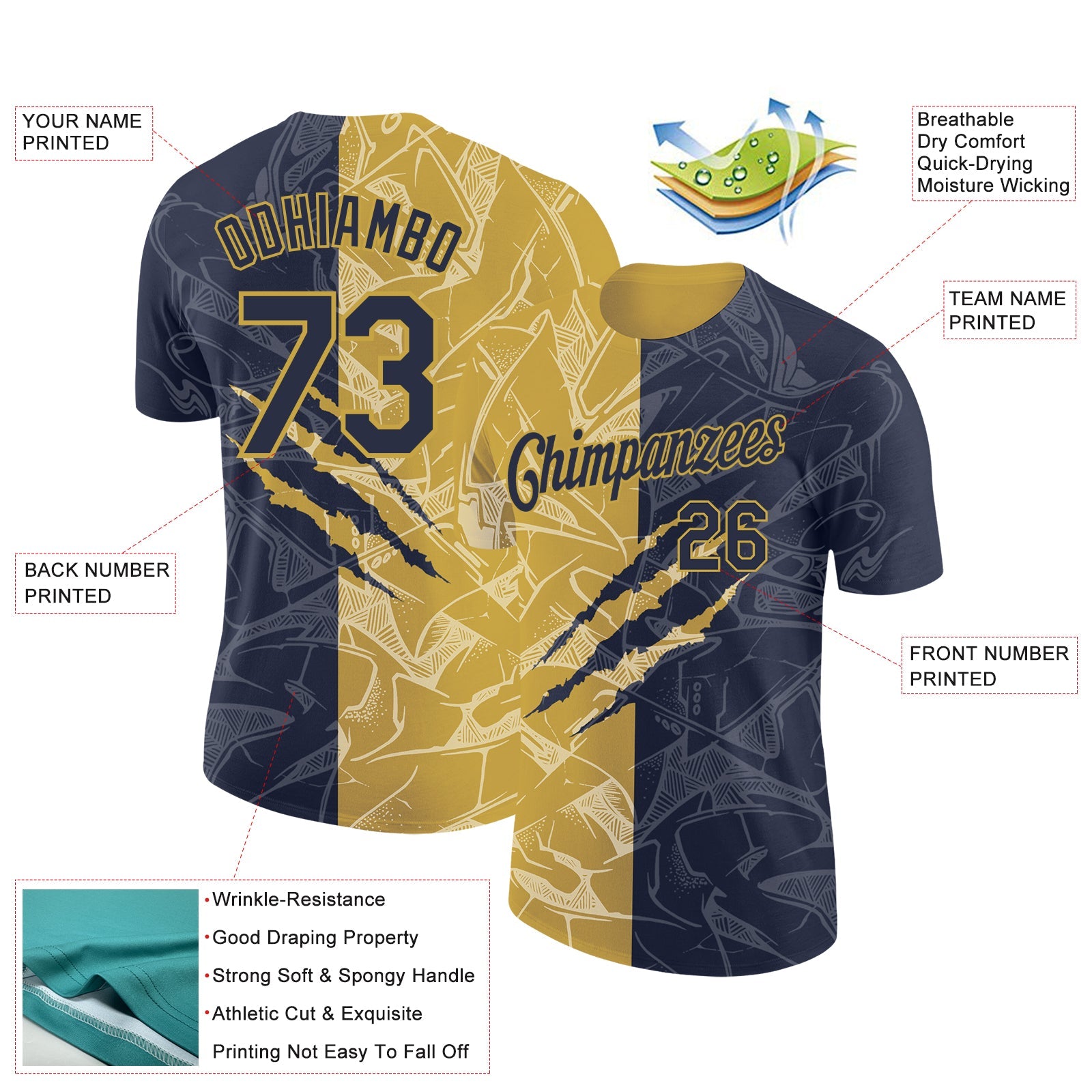 Custom Graffiti Pattern Navy-Old Gold Scratch 3D Performance T-Shirt view 2