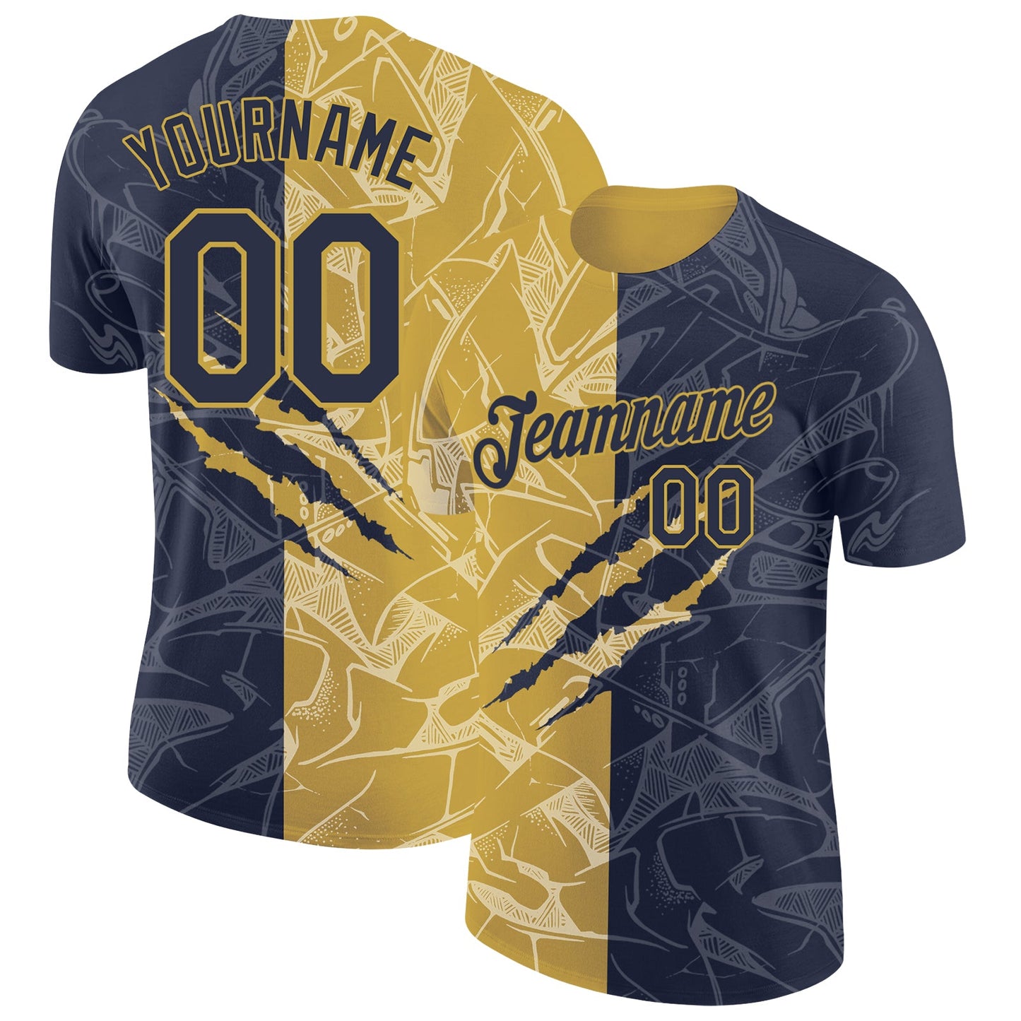 Custom Graffiti Pattern Navy-Old Gold Scratch 3D Performance T-Shirt - Main View