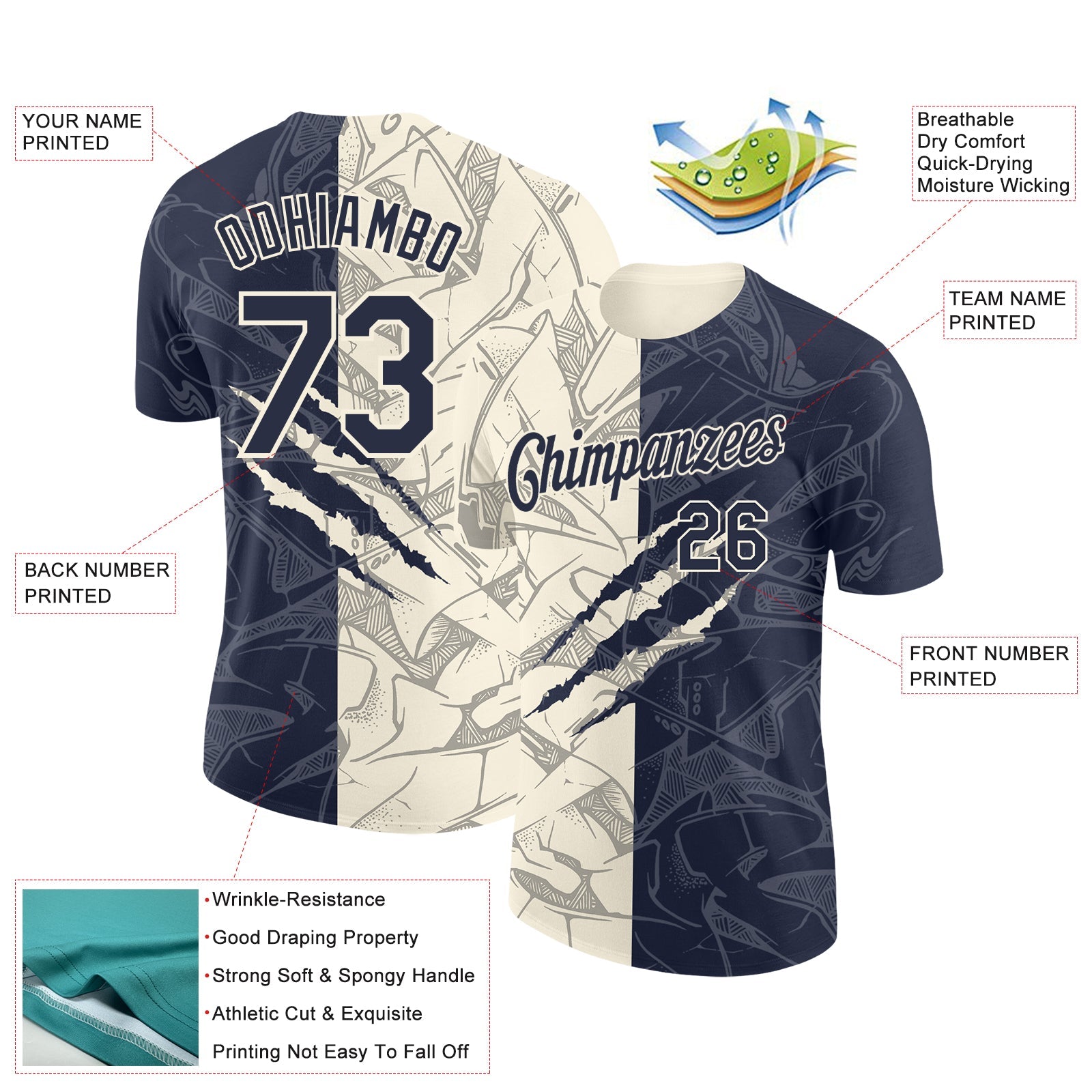 Custom Graffiti Pattern Navy-Cream Scratch 3D Performance T-Shirt view 2