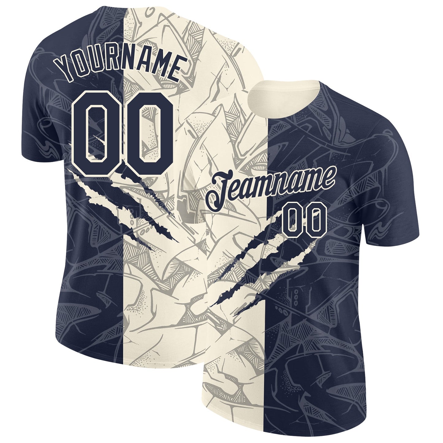 Custom Graffiti Pattern Navy-Cream Scratch 3D Performance T-Shirt - Main View