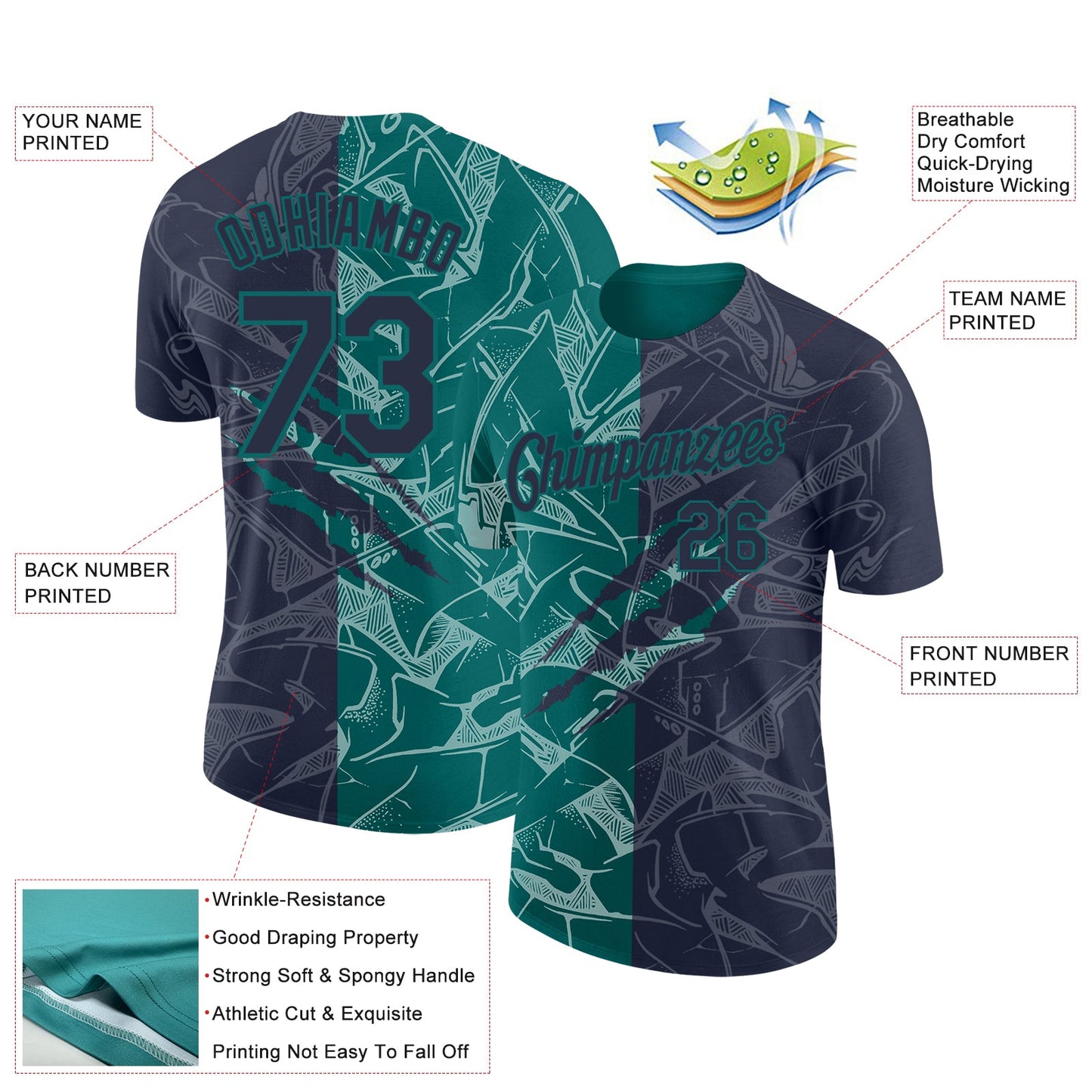 Custom Graffiti Pattern Navy-Teal Scratch 3D Performance T-Shirt view 2