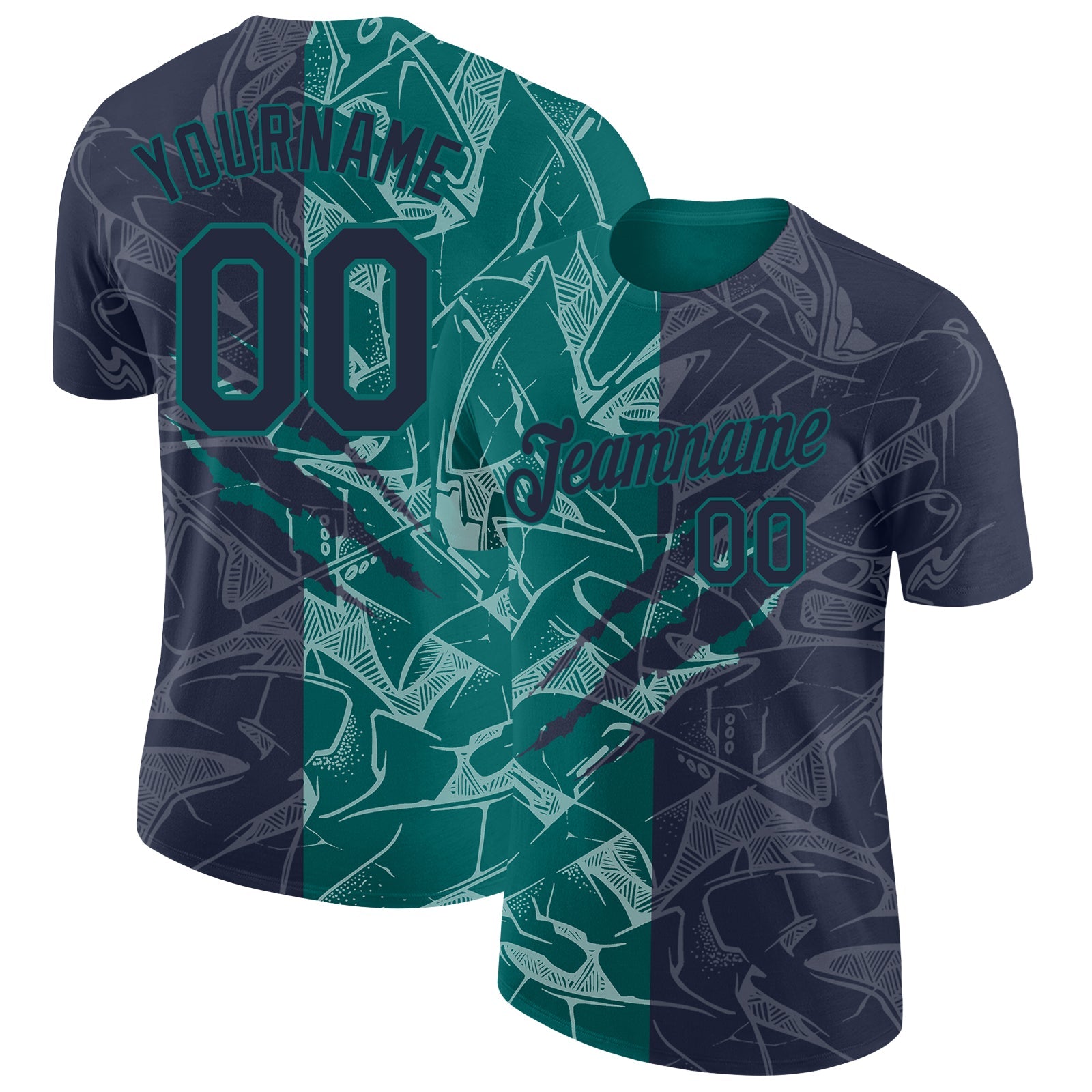 Custom Graffiti Pattern Navy-Teal Scratch 3D Performance T-Shirt - Main View