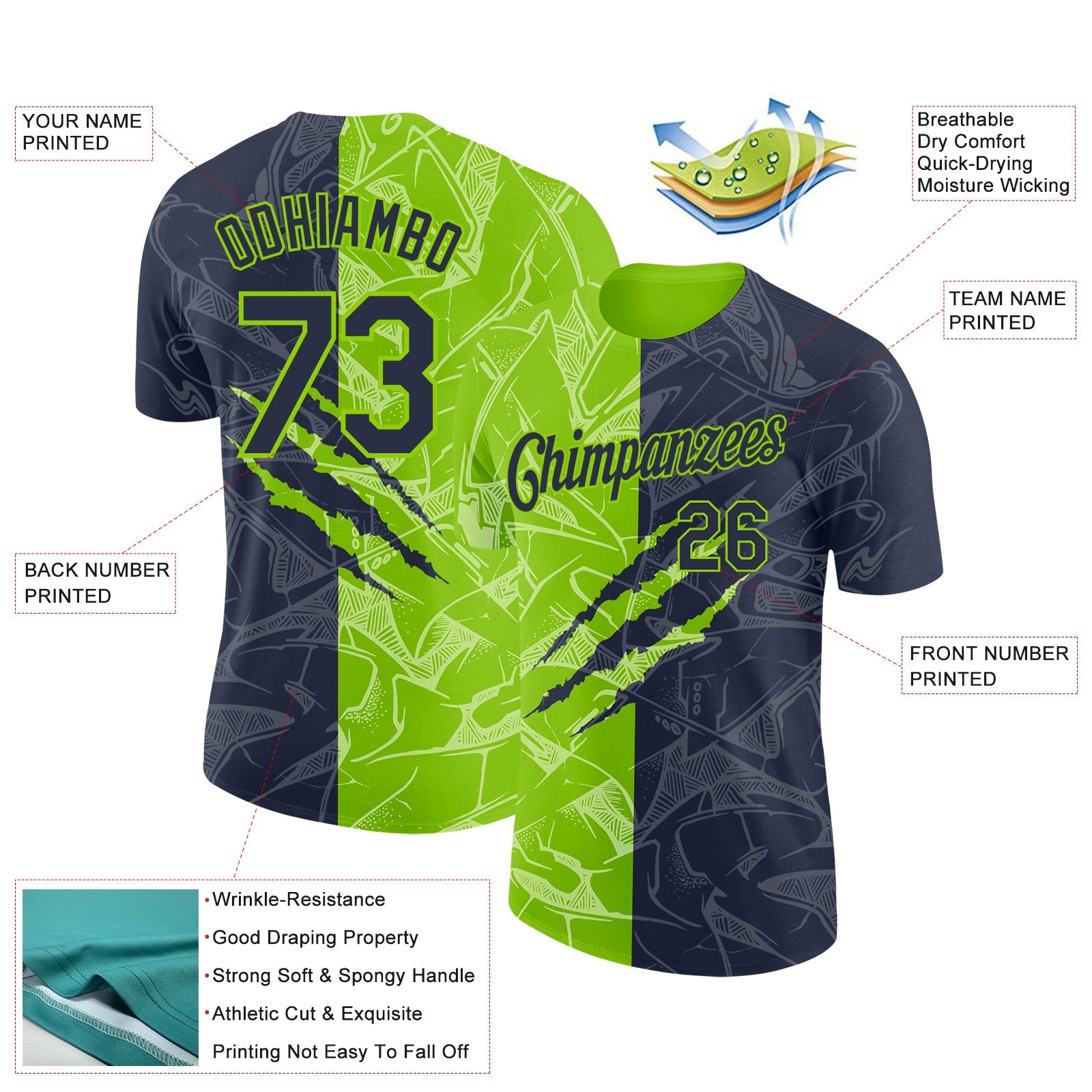 Custom Graffiti Pattern Navy-Neon Green Scratch 3D Performance T-Shirt view 2