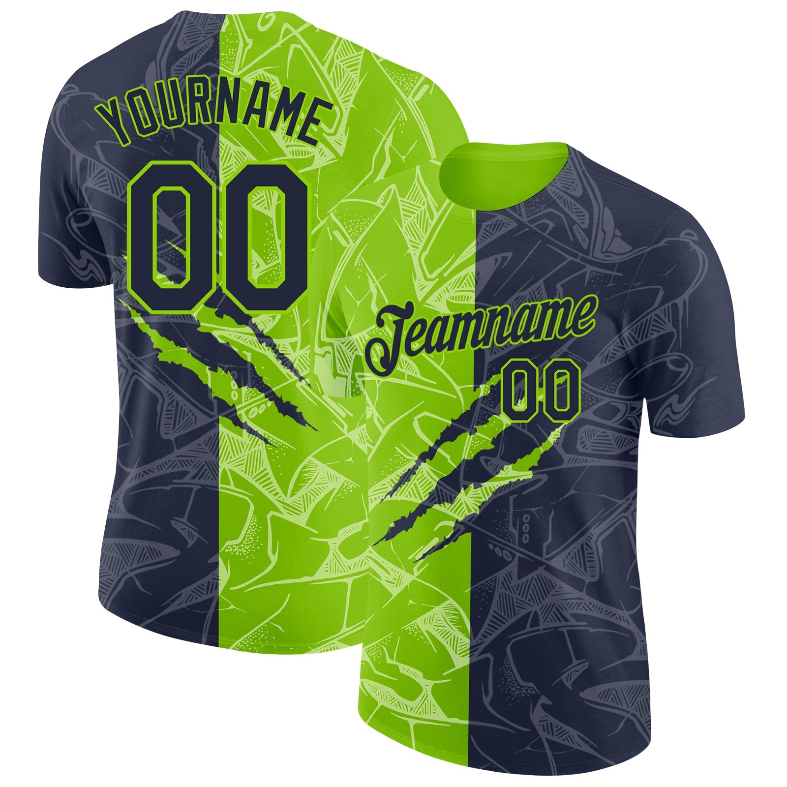 Custom Graffiti Pattern Navy-Neon Green Scratch 3D Performance T-Shirt - Main View