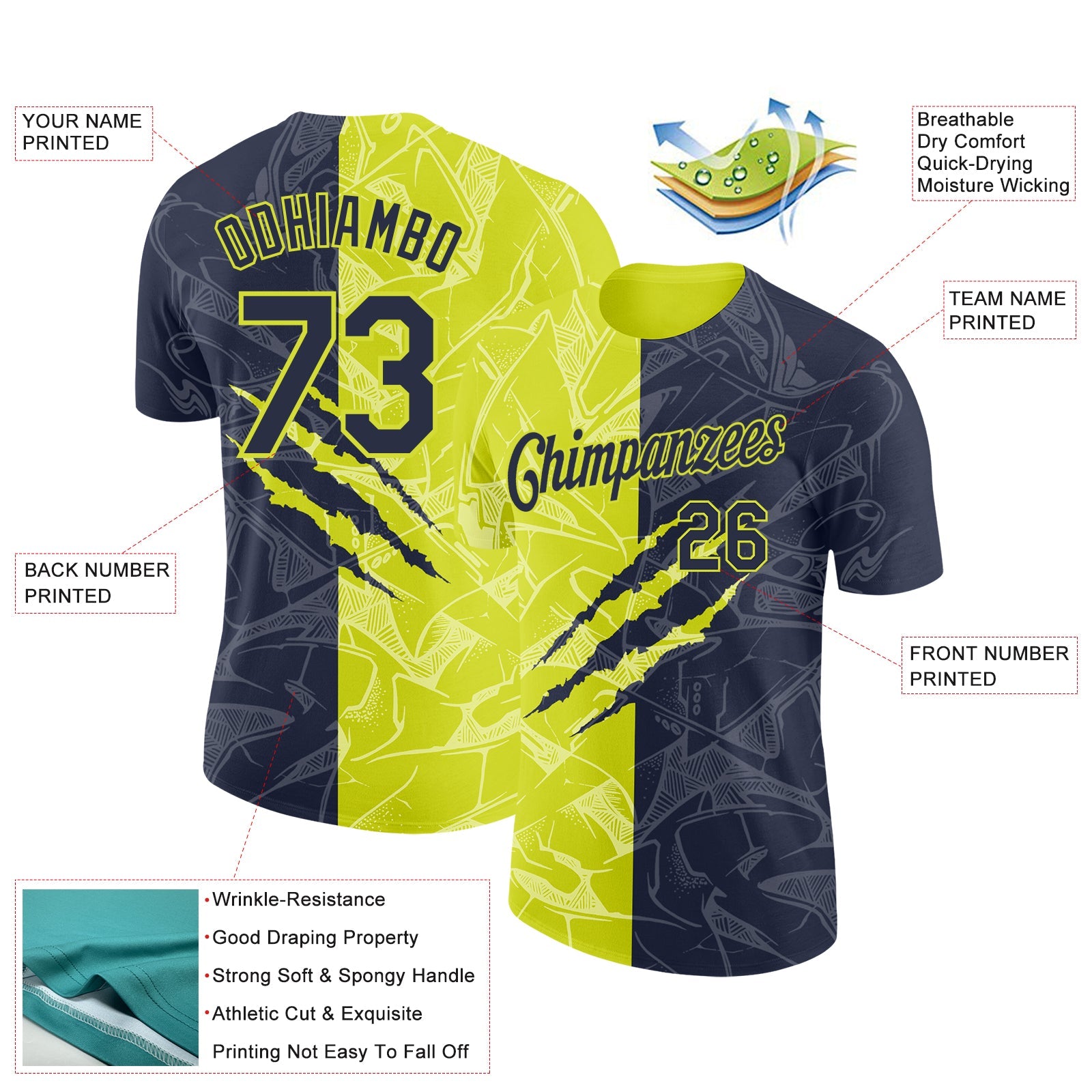 Custom Graffiti Pattern Navy-Neon Yellow Scratch 3D Performance T-Shirt view 2