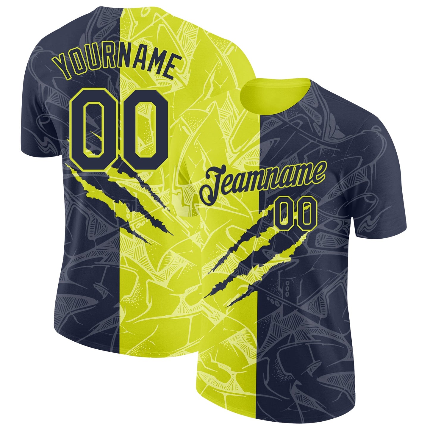 Custom Graffiti Pattern Navy-Neon Yellow Scratch 3D Performance T-Shirt - Main View