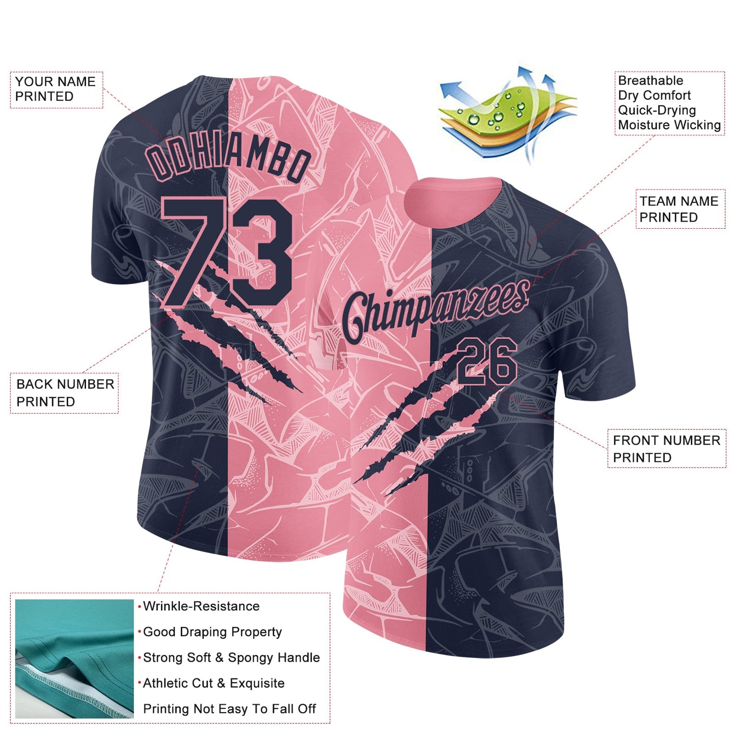 Custom Graffiti Pattern Navy-Medium Pink Scratch 3D Performance T-Shirt view 2