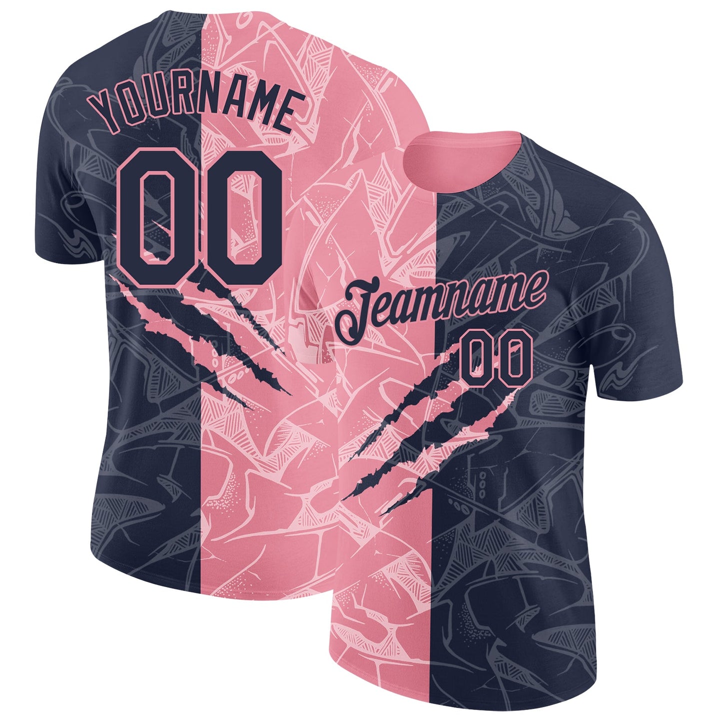 Custom Graffiti Pattern Navy-Medium Pink Scratch 3D Performance T-Shirt - Main View