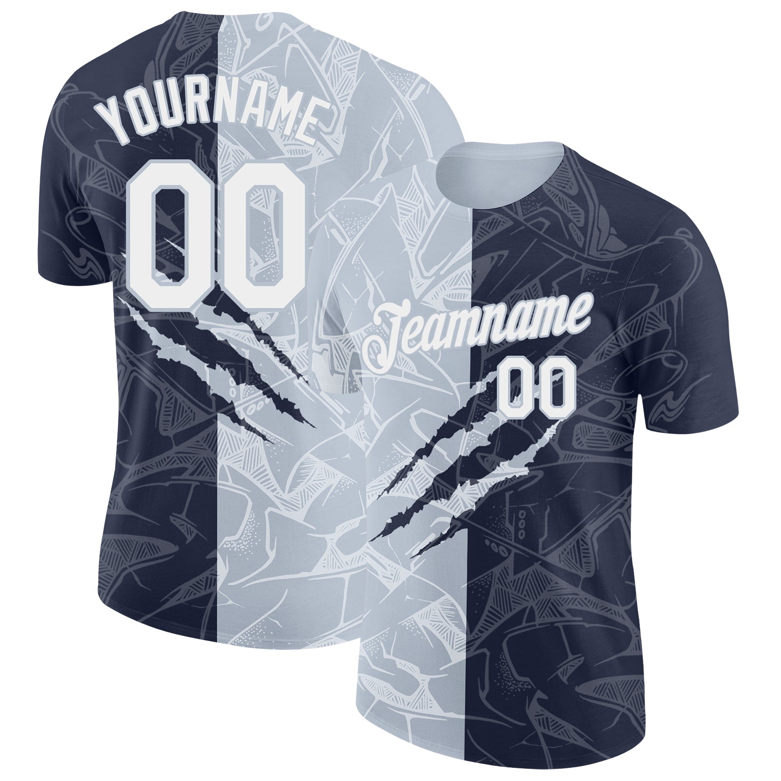Custom Graffiti Pattern White Navy-Silver Scratch 3D Performance T-Shirt - Main View
