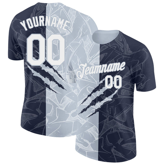 Custom Graffiti Pattern White Navy-Silver Scratch 3D Performance T-Shirt - Main View