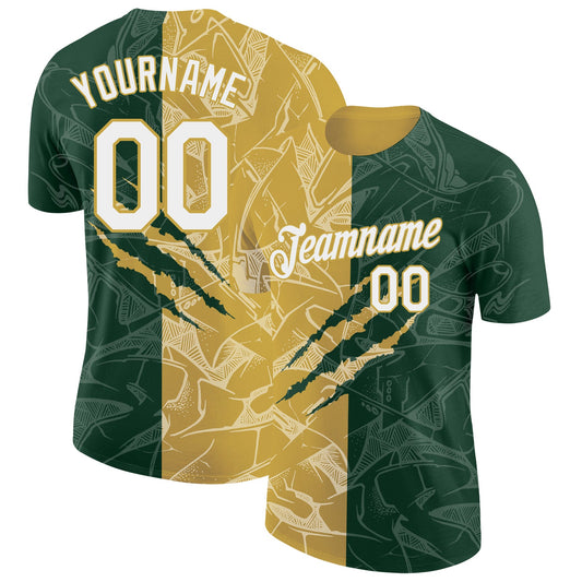 Custom Graffiti Pattern White Green-Old Gold Scratch 3D Performance T-Shirt - Main View