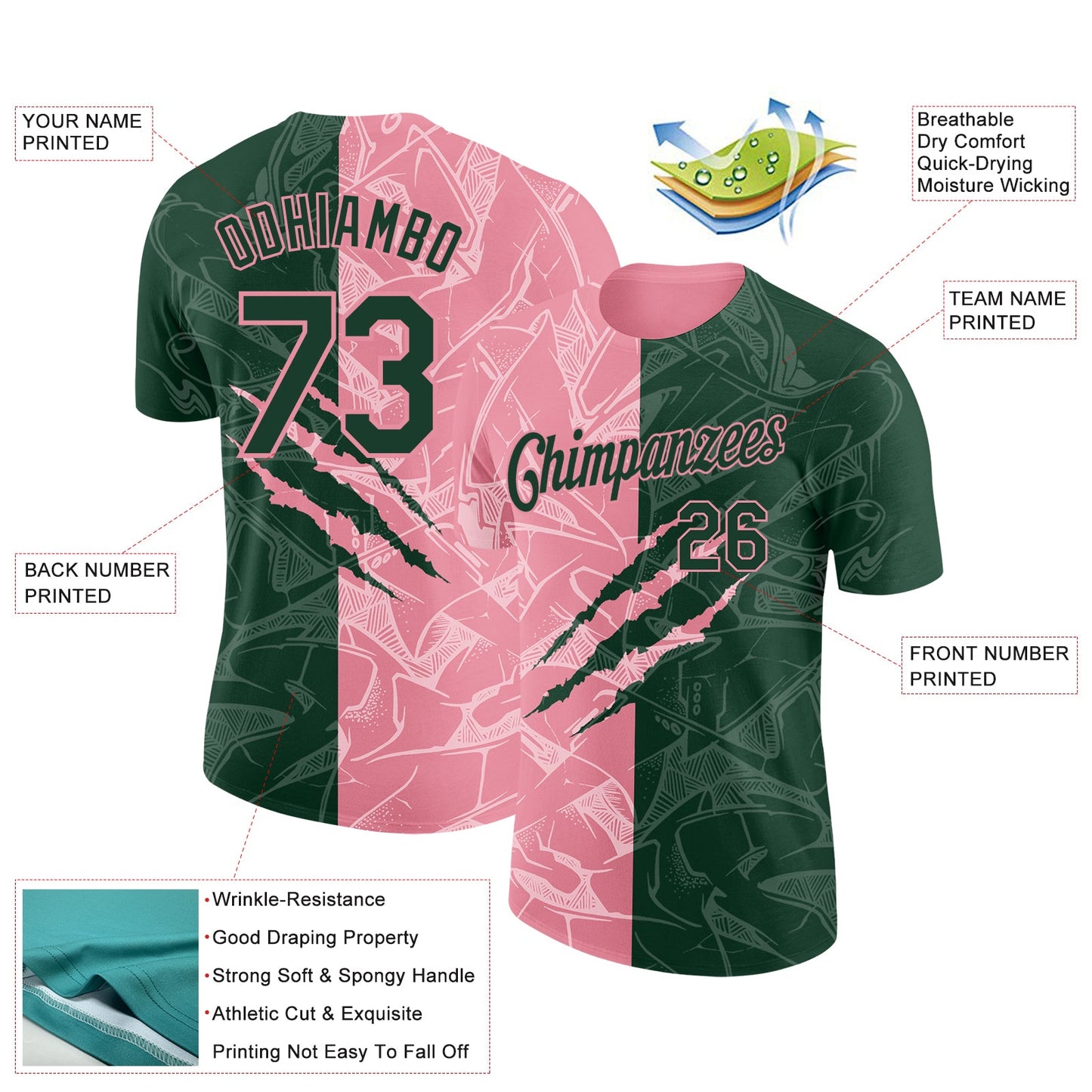Custom Graffiti Pattern Green-Medium Pink Scratch 3D Performance T-Shirt view 2