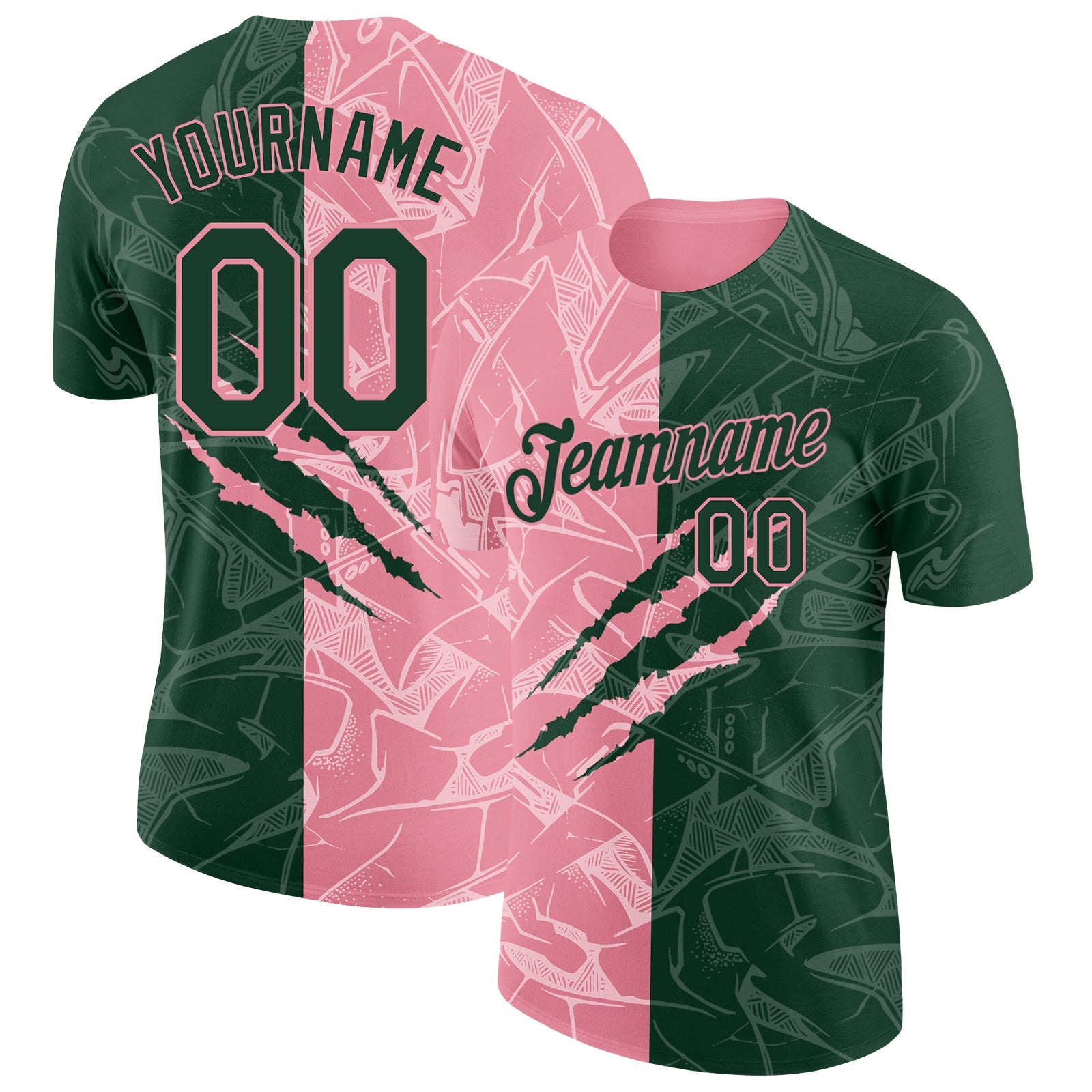 Custom Graffiti Pattern Green-Medium Pink Scratch 3D Performance T-Shirt - Main View