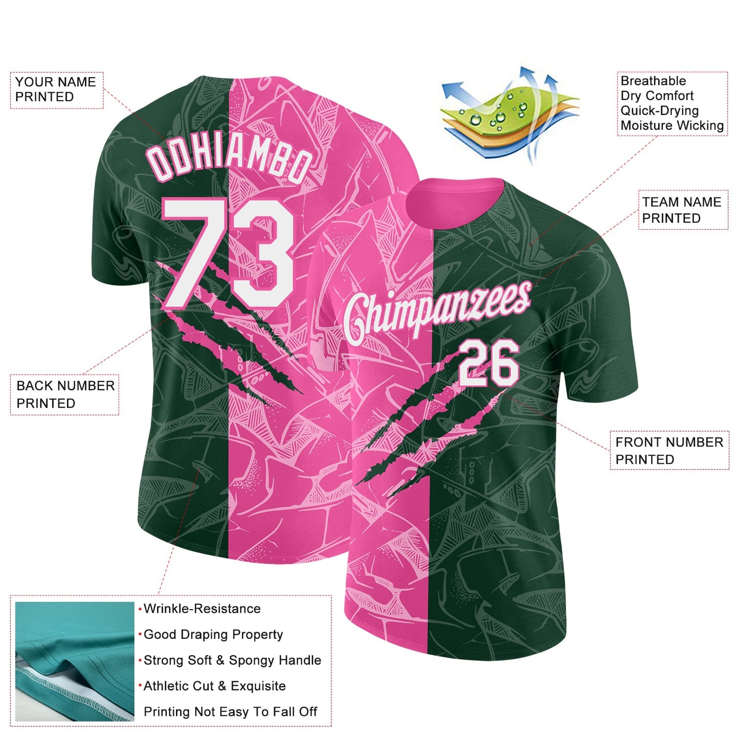 Custom Graffiti Pattern White Green-Pink Scratch 3D Performance T-Shirt view 2