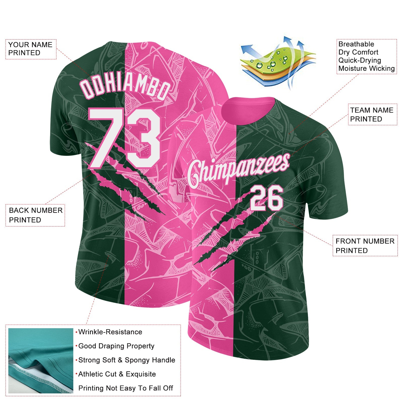 Custom Graffiti Pattern White Green-Pink Scratch 3D Performance T-Shirt view 2