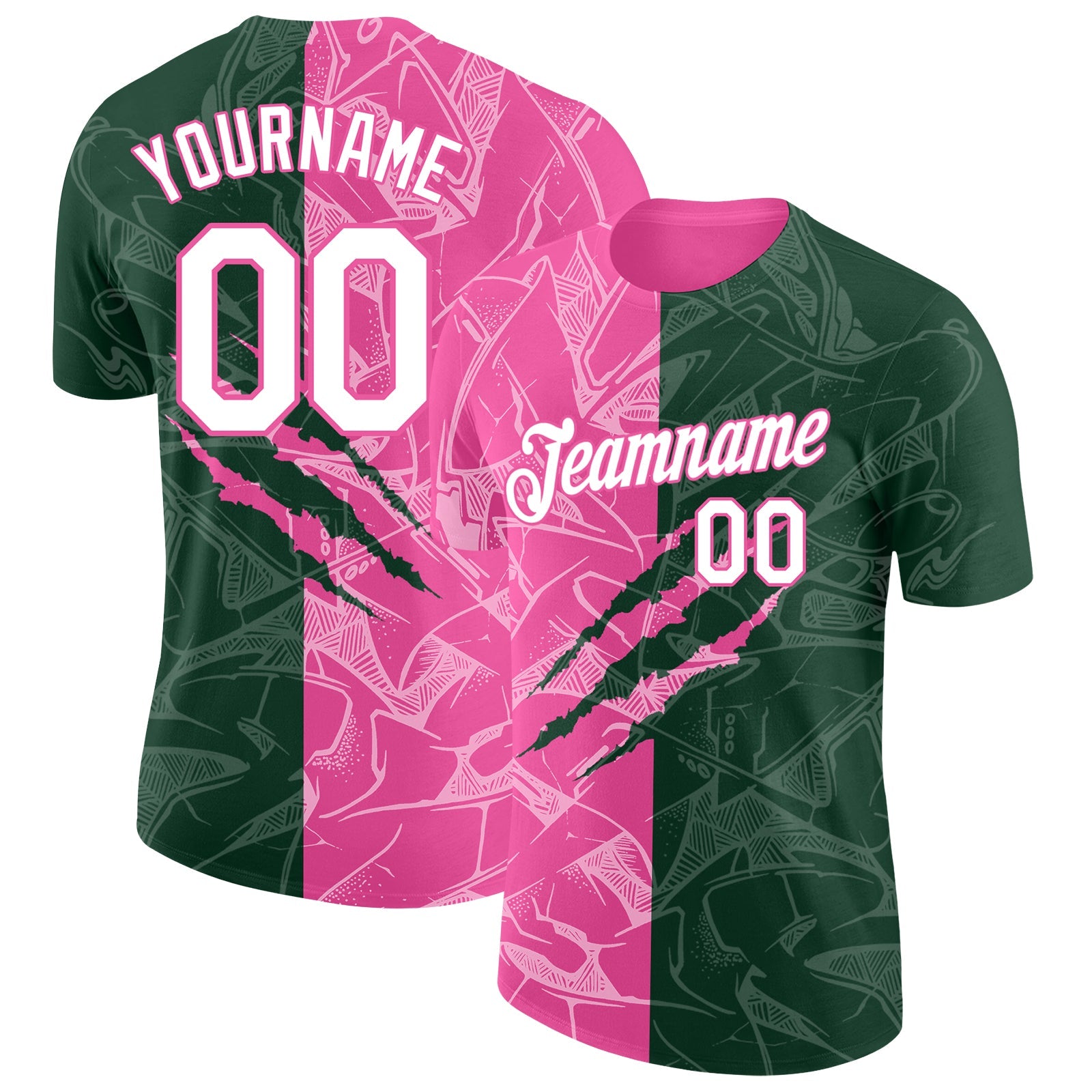 Custom Graffiti Pattern White Green-Pink Scratch 3D Performance T-Shirt - Main View