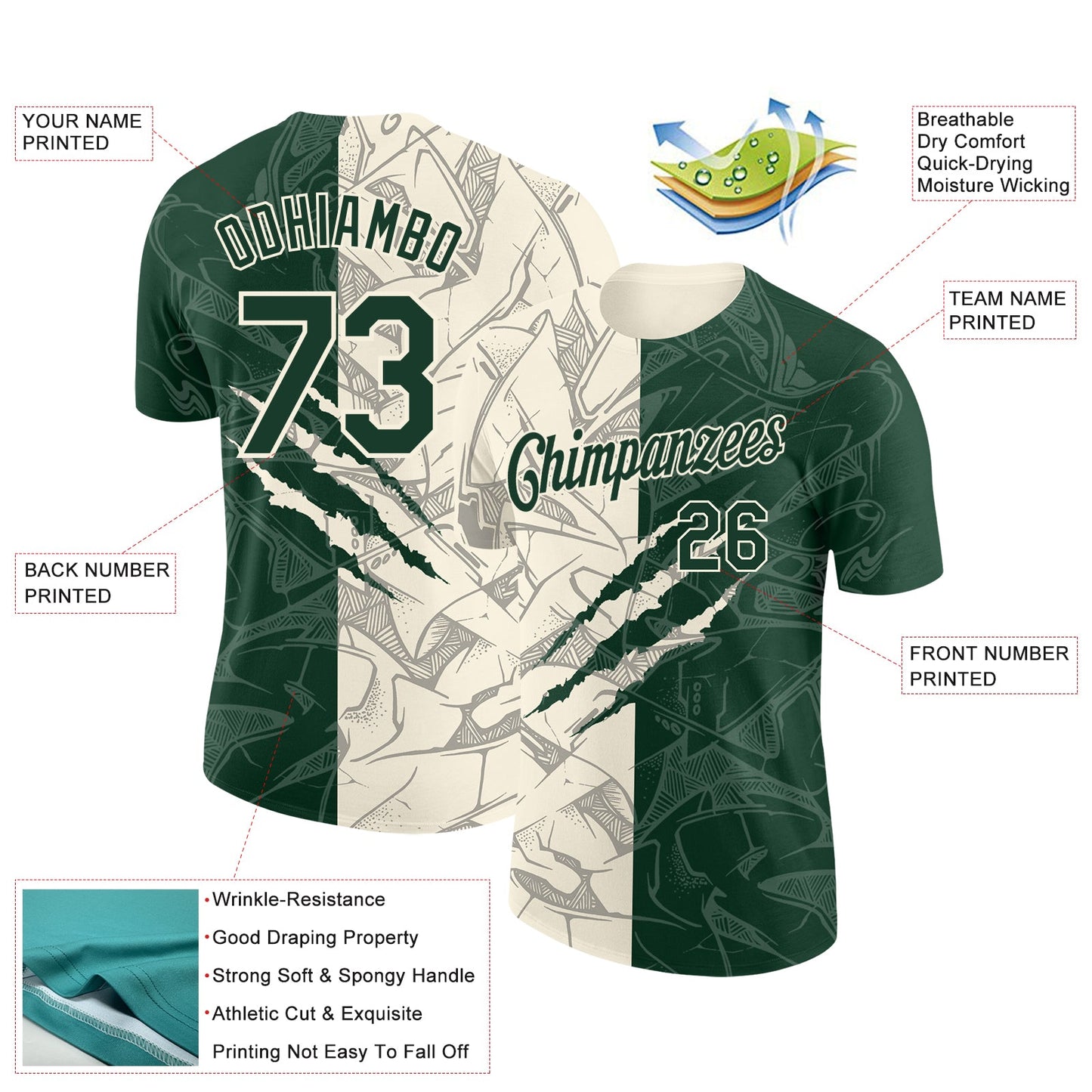 Custom Graffiti Pattern Green-Cream Scratch 3D Performance T-Shirt view 2