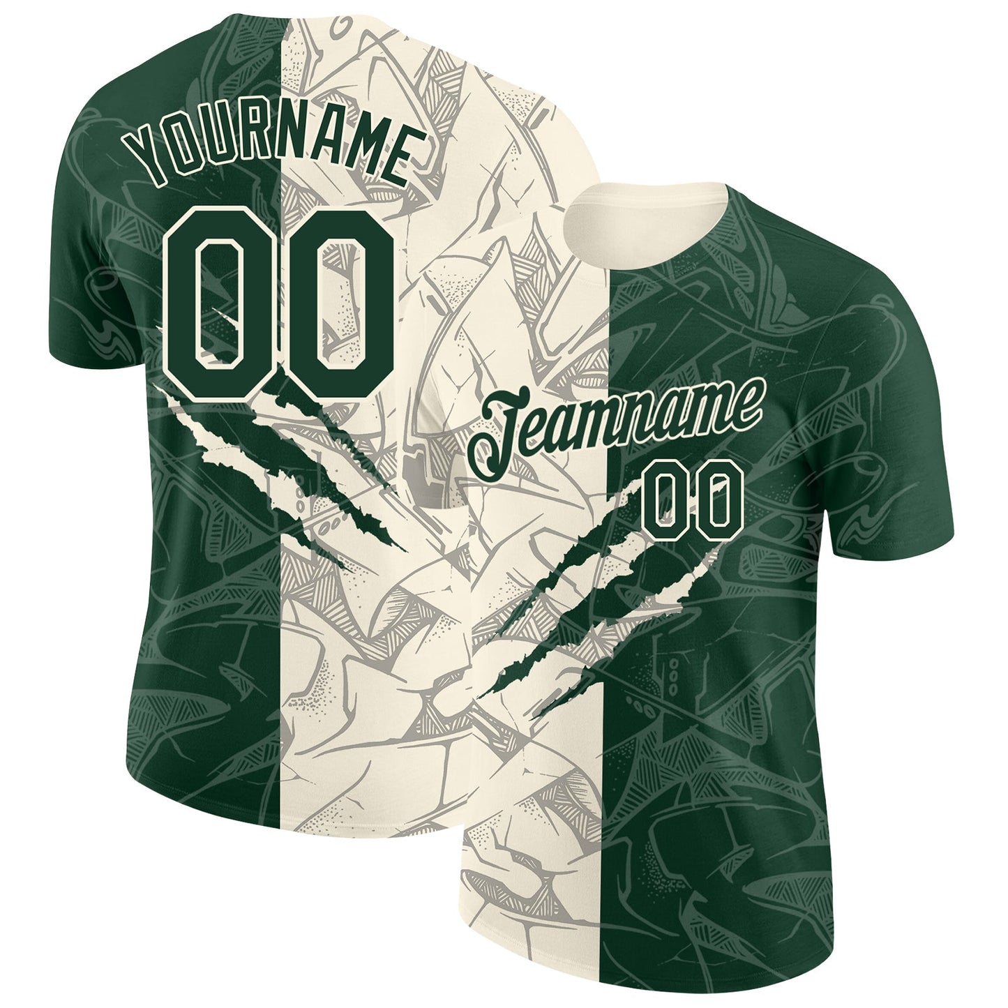 Custom Graffiti Pattern Green-Cream Scratch 3D Performance T-Shirt - Main View